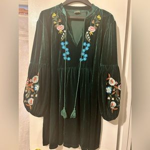 Embroidered Green Velvet Dress